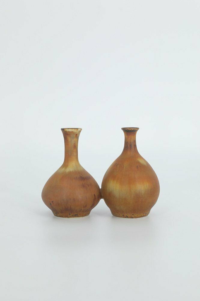 Small Mid Century Scandinavian Modern Collectible Double Brown Stoneware Vases By Gunnar Borg For Höganäs Keramik, 1960s, Set Of 2 photo for sale