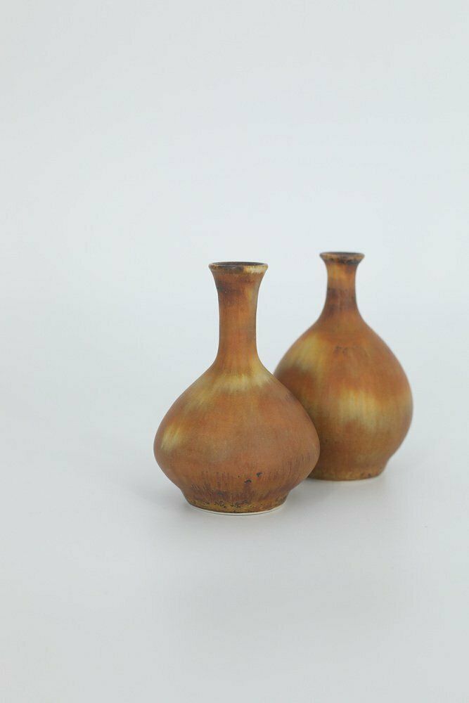 Small Mid Century Scandinavian Modern Collectible Double Brown Stoneware Vases By Gunnar Borg For Höganäs Keramik, 1960s, Set Of 2 photo 470.0