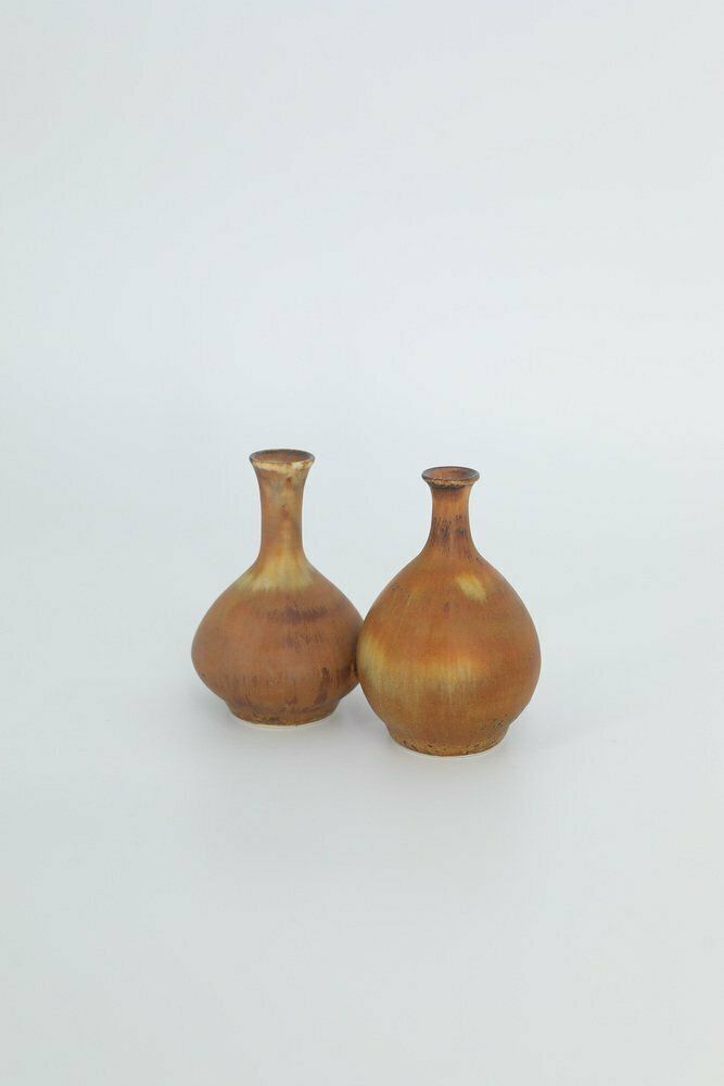 Small Mid Century Scandinavian Modern Collectible Double Brown Stoneware Vases By Gunnar Borg For Höganäs Keramik, 1960s, Set Of 2 photo buy