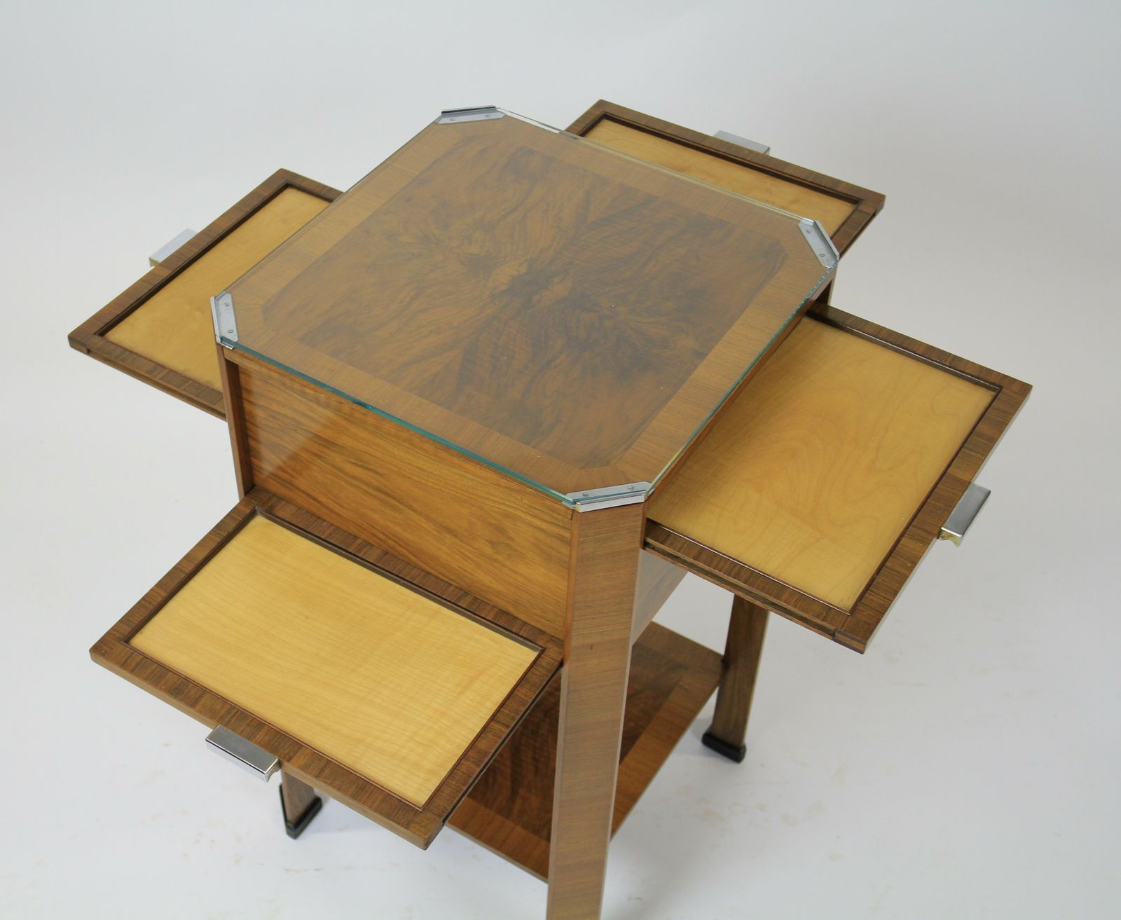 Fine Art Deco  Walnut 2 Tier Table With Maple Slides Circa 1930s
