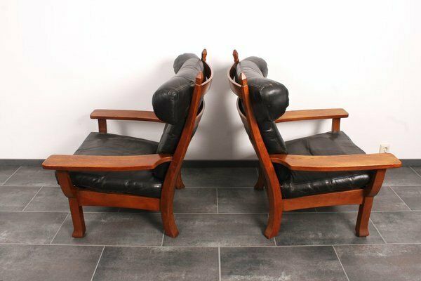 Leather And Oak Ox Shape Armchairs 1950s Set Of 2 photo for sale