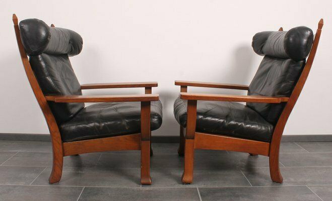 Leather And Oak Ox Shape Armchairs 1950s Set Of 2 photo vinterior