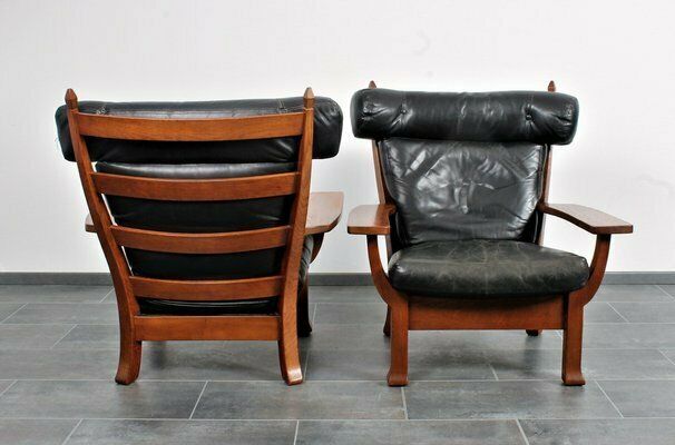 Leather And Oak Ox Shape Armchairs 1950s Set Of 2 photo vintage