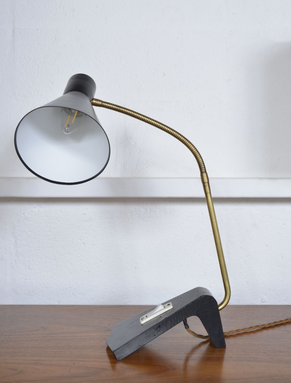 1950s Scandinavian Swan Neck Gooseneck Task Desk Lamp Black & Brass Midcentury Swedish Ewa Style photo for sale