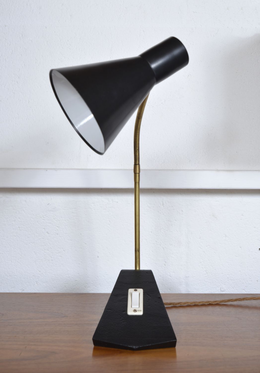 1950s Scandinavian Swan Neck Gooseneck Task Desk Lamp Black & Brass Midcentury Swedish Ewa Style photo 255.0