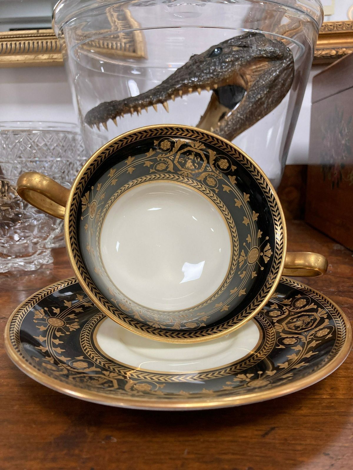 Vintage Wedgwood Astbury Black Soup Cup With Saucer, Wedgewood Teacup Black And Gold photo for sale