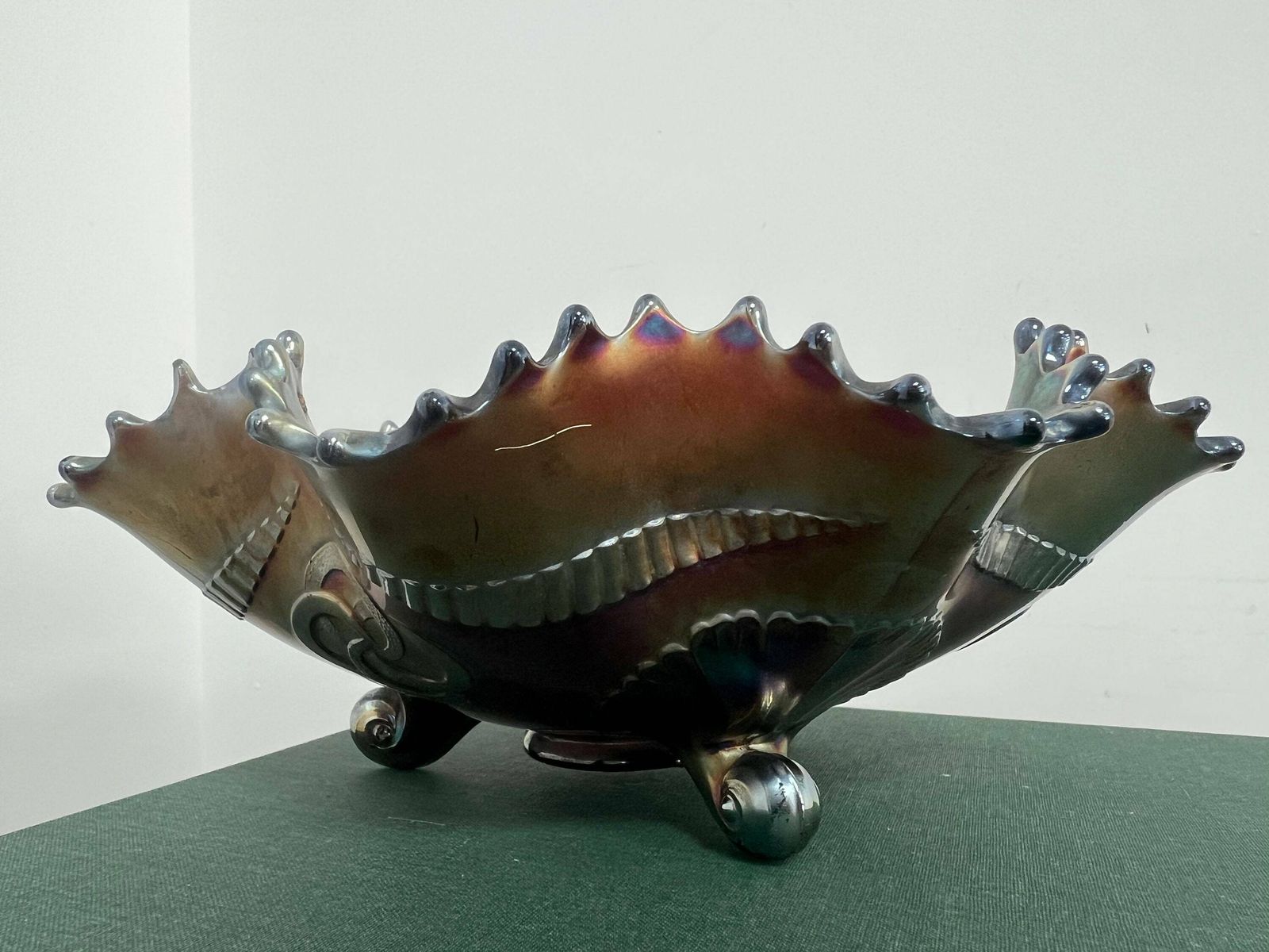 Antique Northwood Carnival Glass Wishbone Orchid Footed Ruffled Bowl Amethyst Ruffles Glass Dish photo furniture