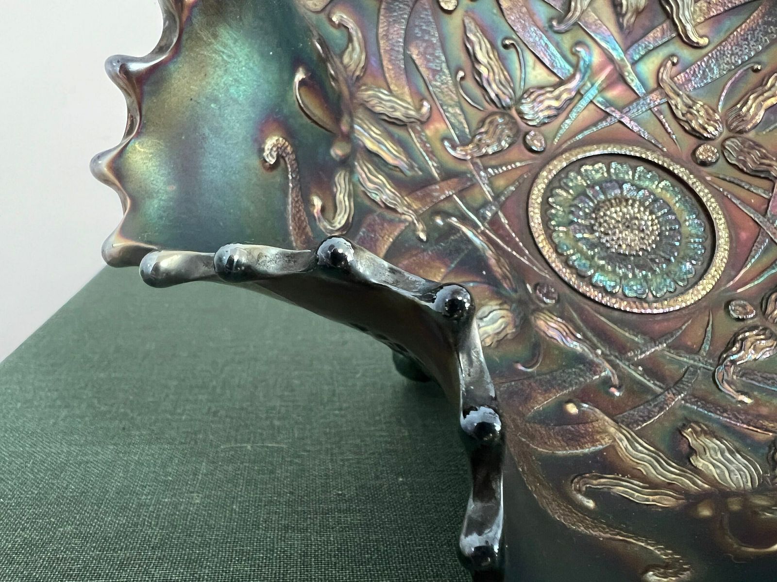 Antique Northwood Carnival Glass Wishbone Orchid Footed Ruffled Bowl Amethyst Ruffles Glass Dish photo 265.0