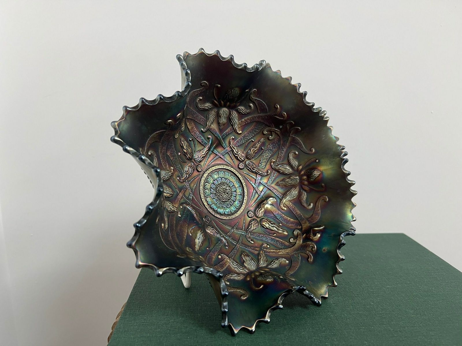 Antique Northwood Carnival Glass Wishbone Orchid Footed Ruffled Bowl Amethyst Ruffles Glass Dish photo buy
