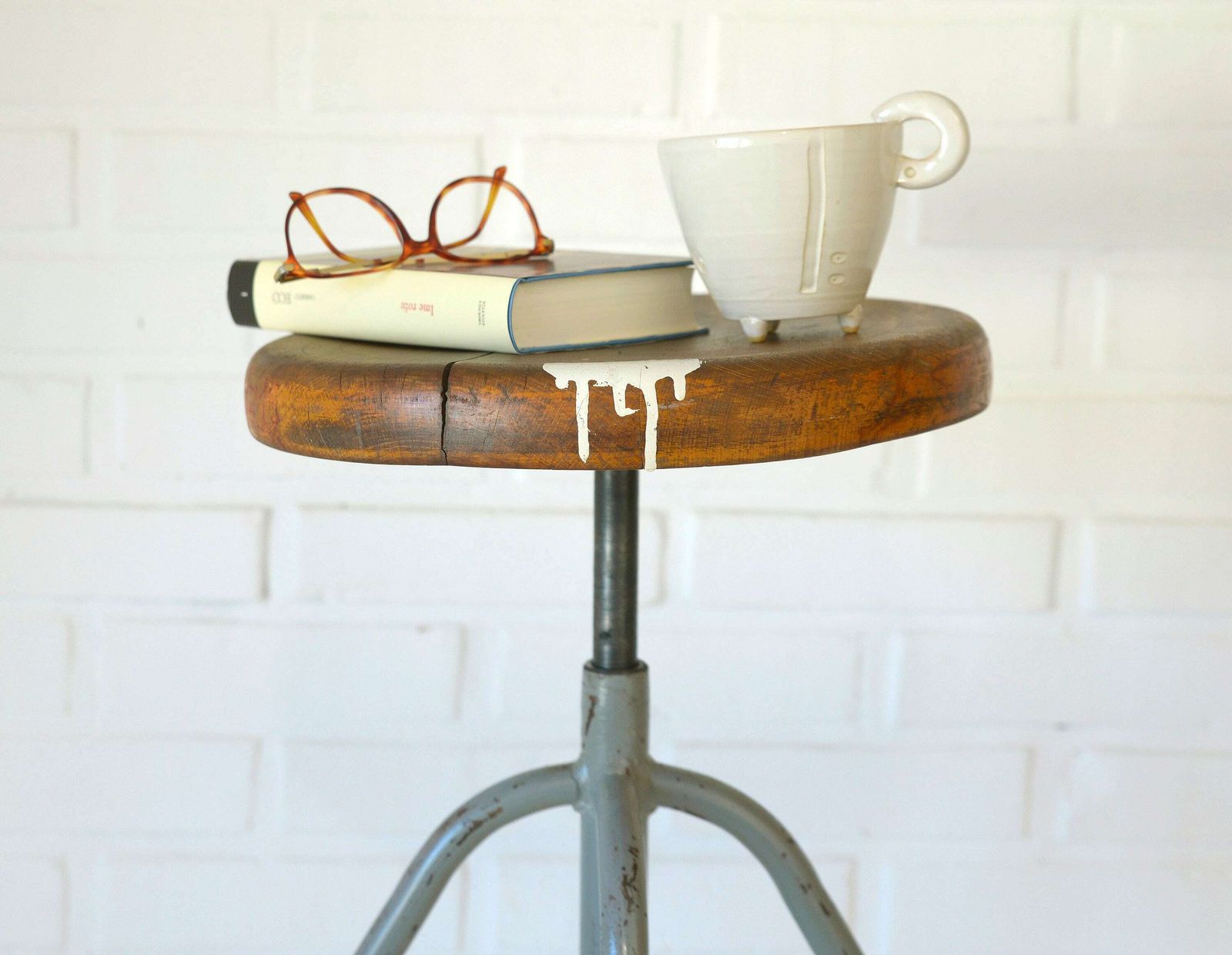 Vintage Industrial Stool / Adjustable Swivel School Or Lab Stool / Made In Yugoslavia 1970's / Retro Plant Stand / Rustic Side Table