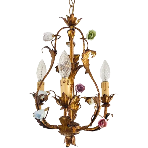 Vintage Italian Roses Porcelain Chandelier Gold Gilded Baroque Rococco 1950s photo furniture