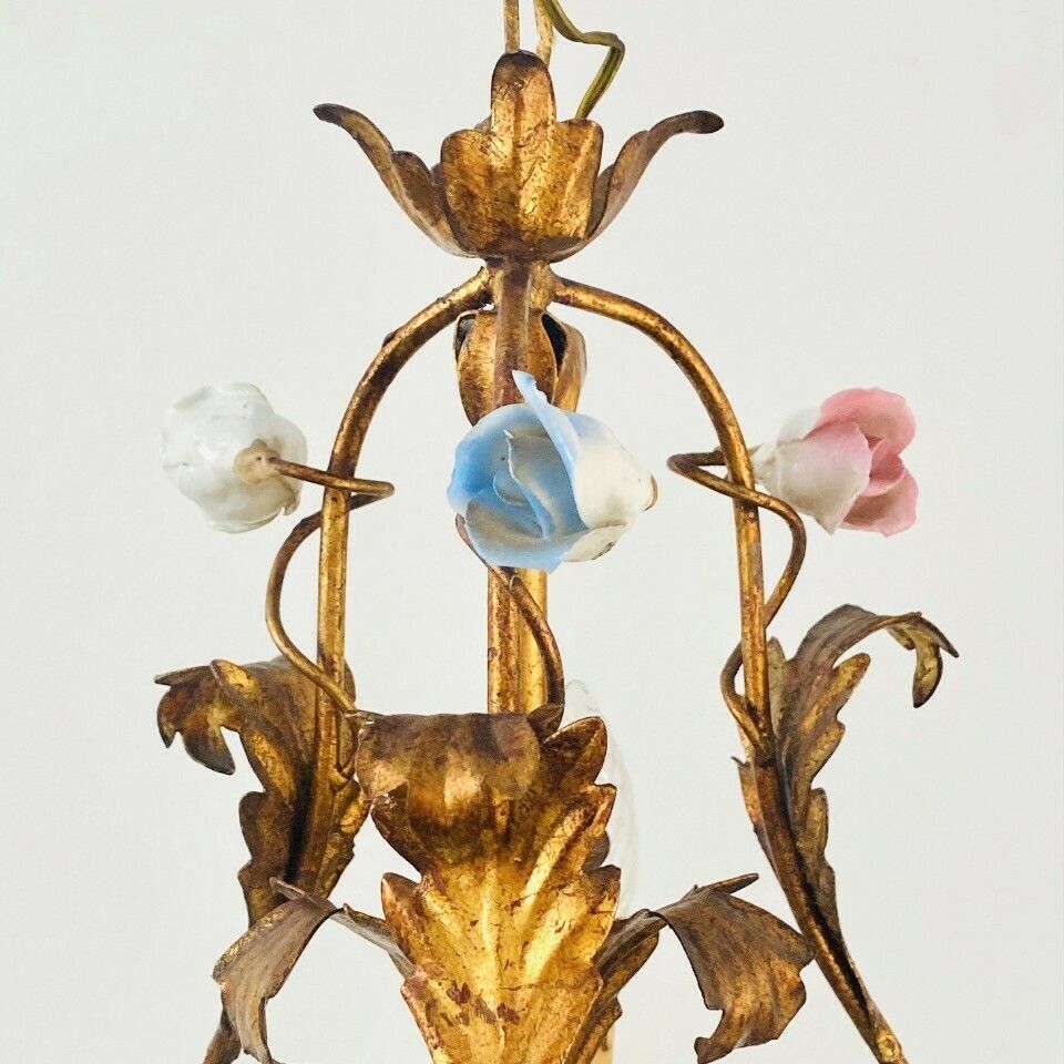 Vintage Italian Roses Porcelain Chandelier Gold Gilded Baroque Rococco 1950s photo 615.0