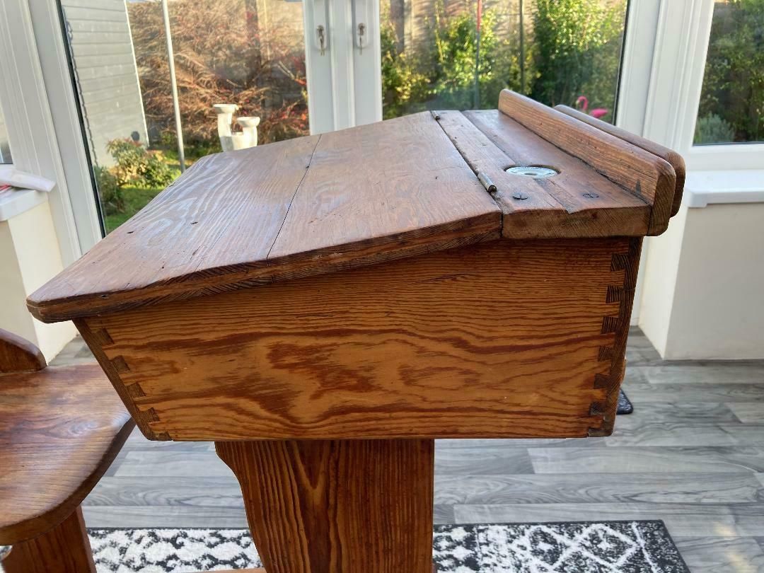 Antique Elm School Slider Desk With Chair And Inkwell 1900s photo 325.0