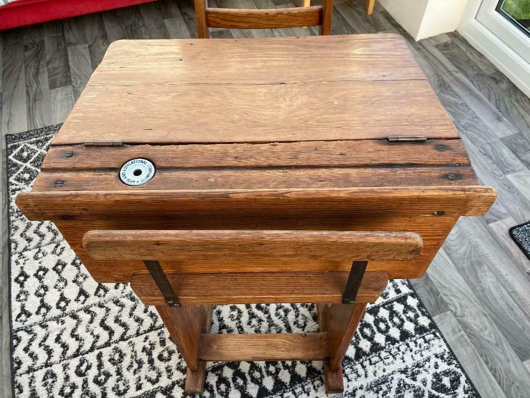 Antique Elm School Slider Desk With Chair And Inkwell 1900s photo vinterior