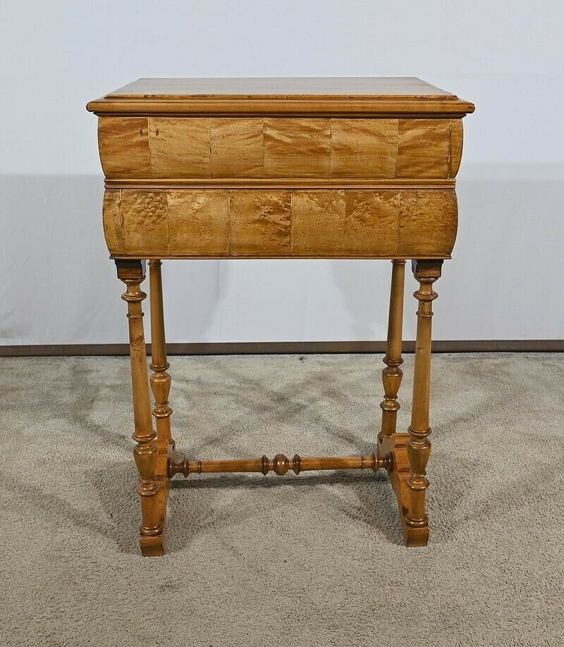 Furniture Rare Small Chiffonnière Table In Speckled Amboyna And Cherry, Louis Philippe Period – 2nd Part 19th Century photo