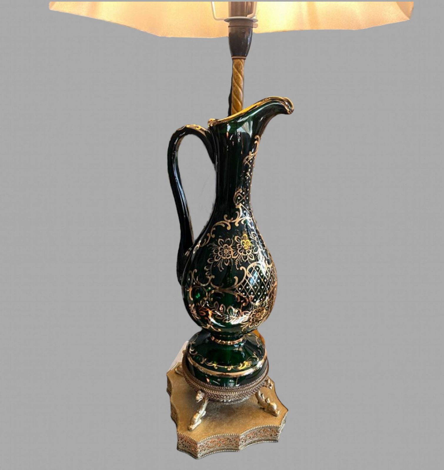 A Pair Of Bohemian Green Glass Claret Jug Lamps photo for sale