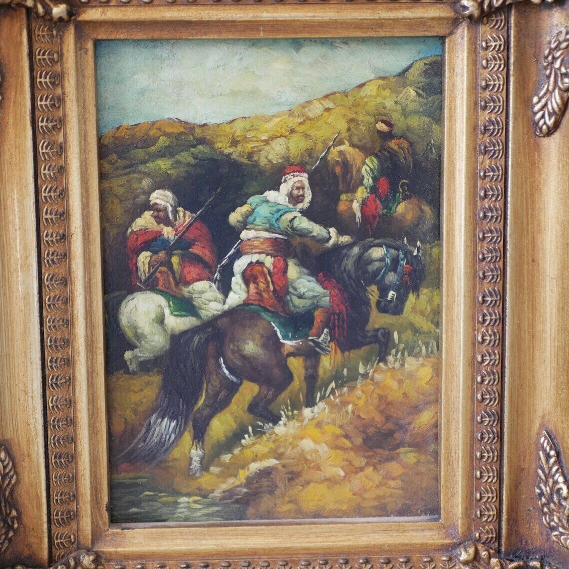 Oil On Wood Painting Middle Eastern Horsemen Antique Gold Gilt Frame Carvers & Gilders Picture Makers And Framers England Label photo for sale