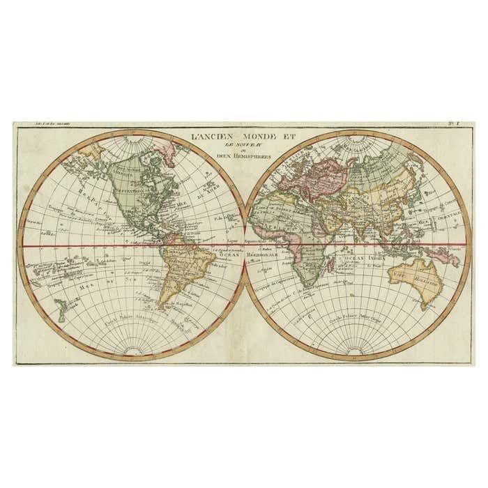 Very Decorative Original Antique Map Of The World, Published In France In C.1780