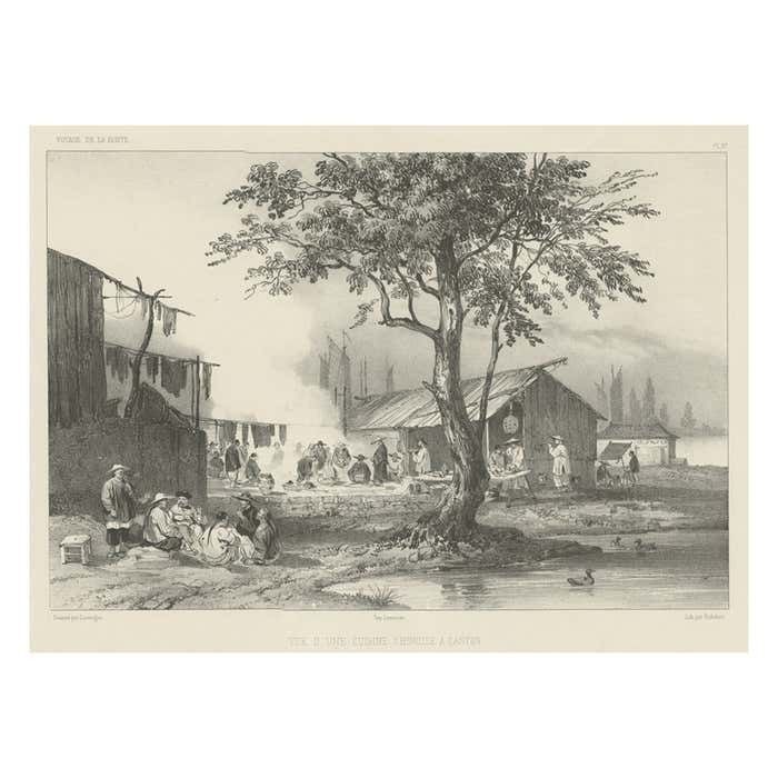 Antique Print Of A Street Kitchen In Guangzhou In China, Circa 1850