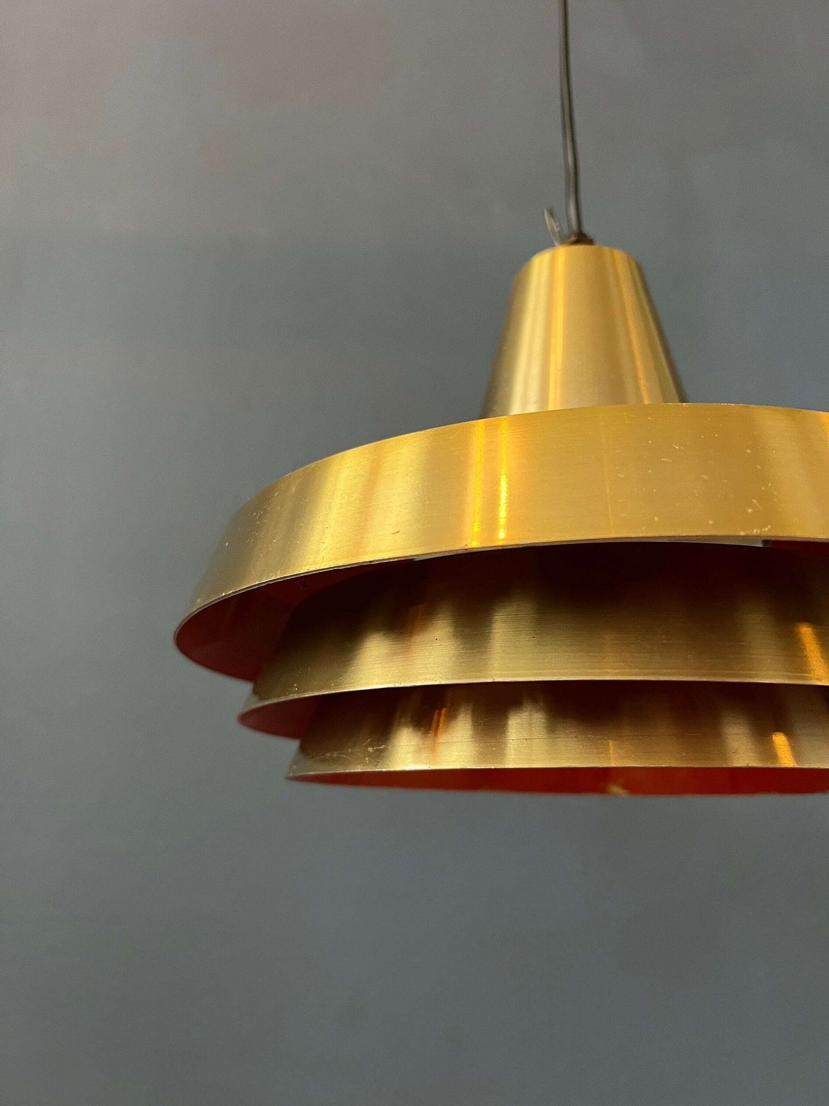 Mid Century Oranje Deense Stijl Messing Hanglamp photo vintage