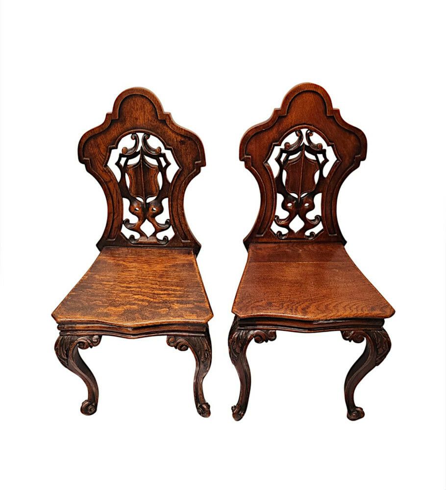 A Fabulous Pair Of 19th Century Oak Hall Chairs photo for sale