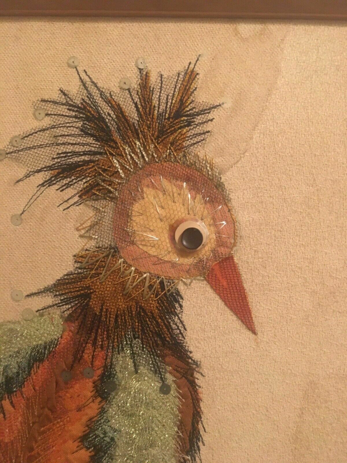 Vintage Textile Art Peacock Bird Embroidery Dried Flowers Ooak Mid Century photo furniture