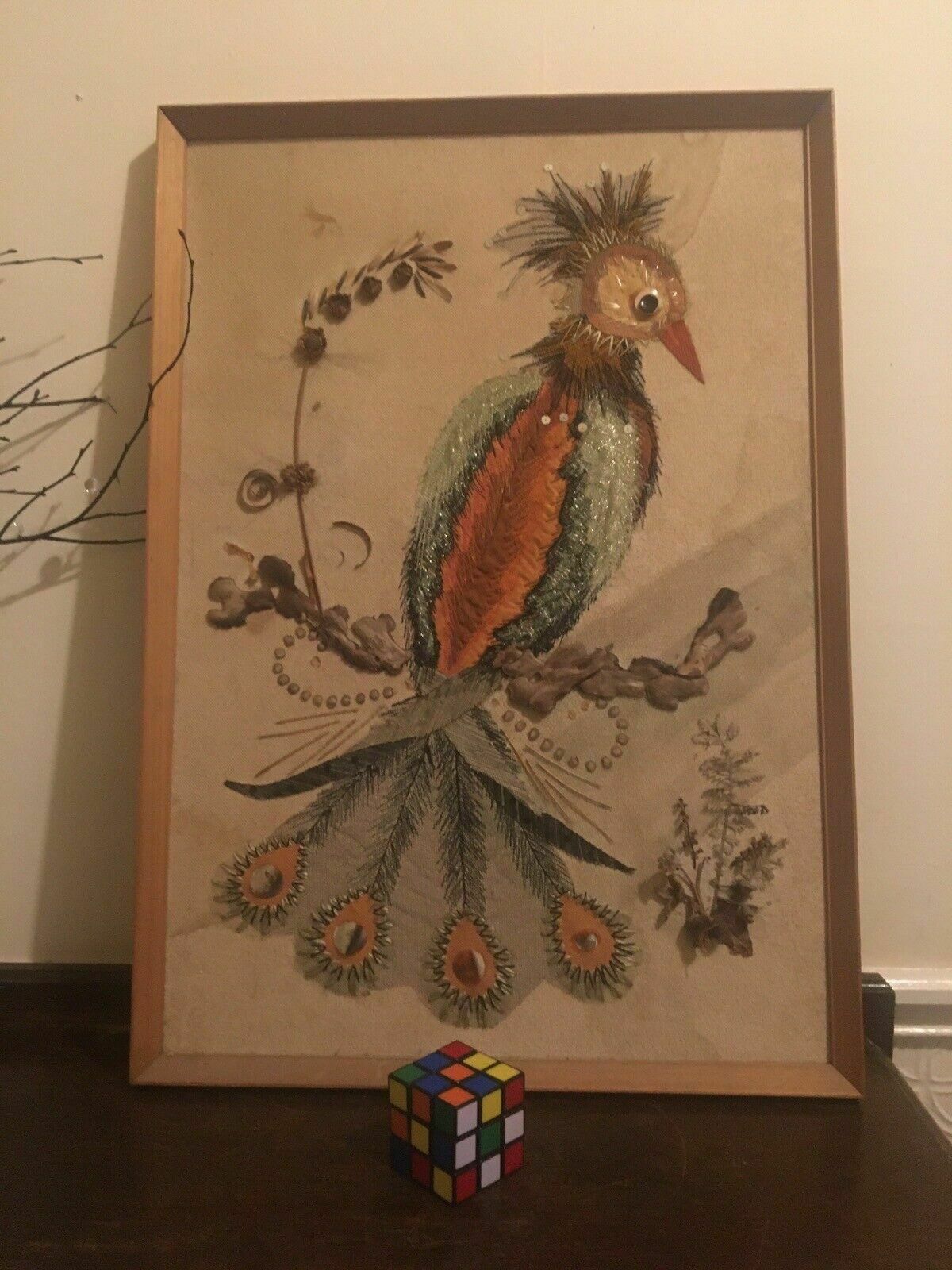 photo buy Vintage Textile Art Peacock Bird Embroidery Dried Flowers Ooak Mid Century