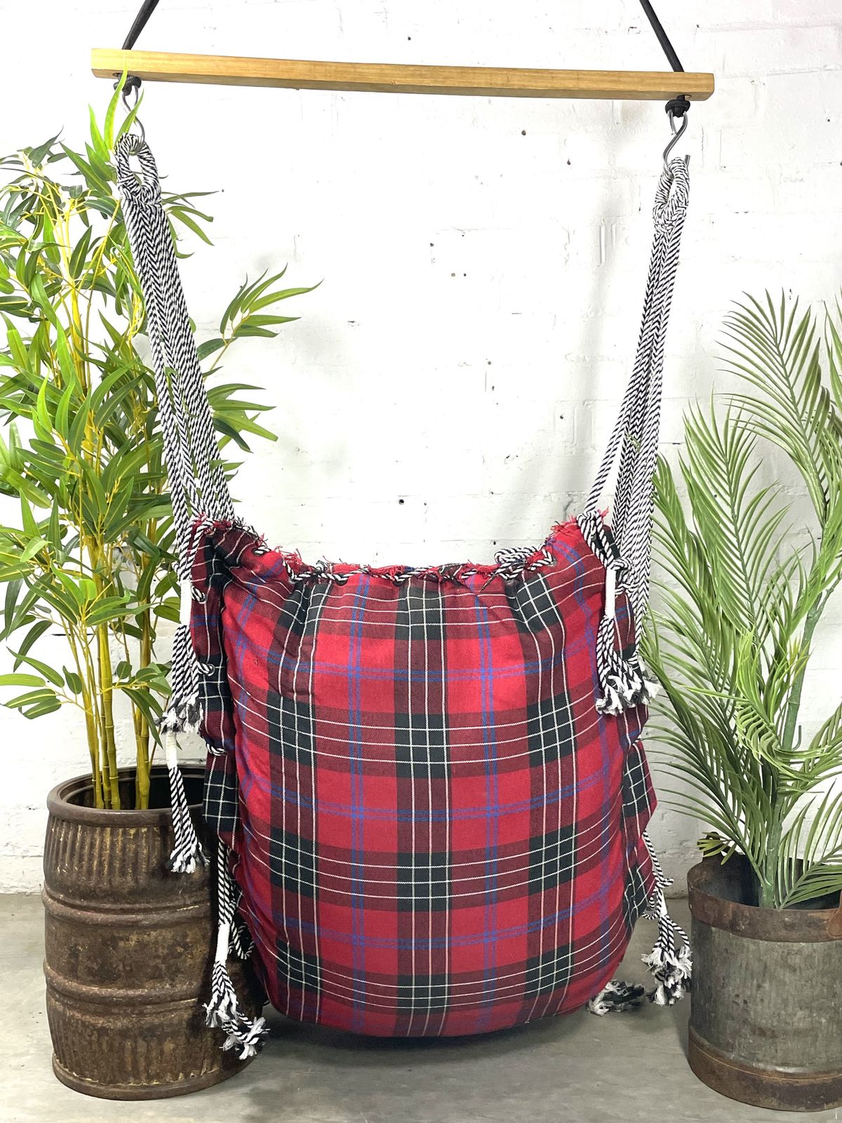 Reclaimed Hand Made Red Tartan Indian Padded Rope Swing Hammock Seat Chair photo vinterior