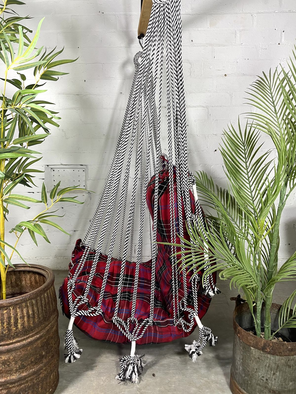 Reclaimed Hand Made Red Tartan Indian Padded Rope Swing Hammock Seat Chair photo buy