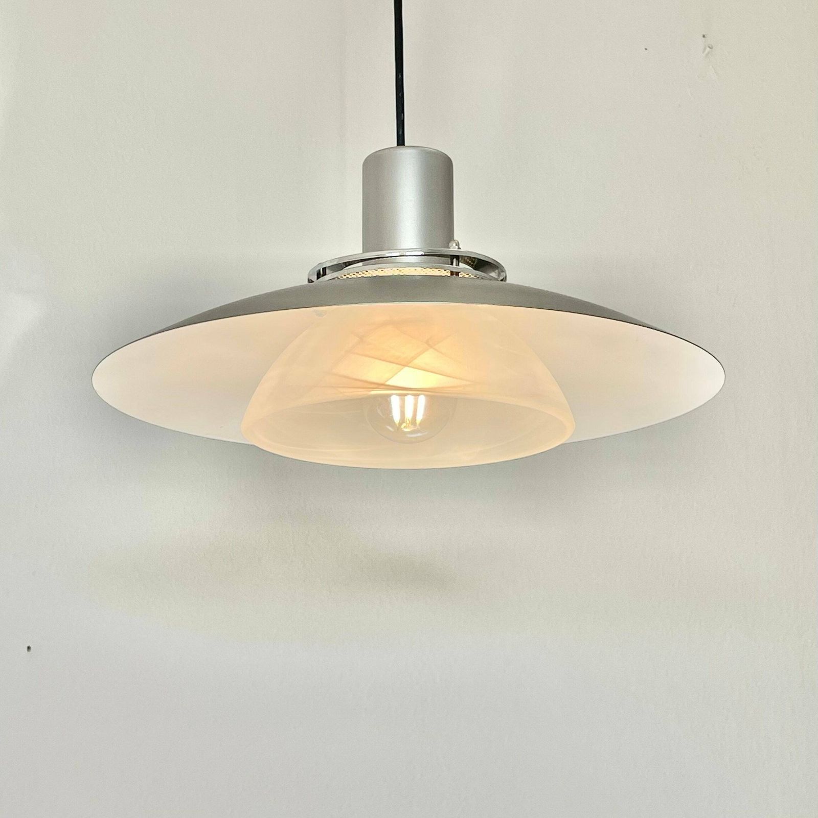 Modernist Swedish Vintage Ceiling Lamp With Multilayer Grey Silver Metal Shade And Marbled Glass Inner Shade   Design From Belid photo for sale