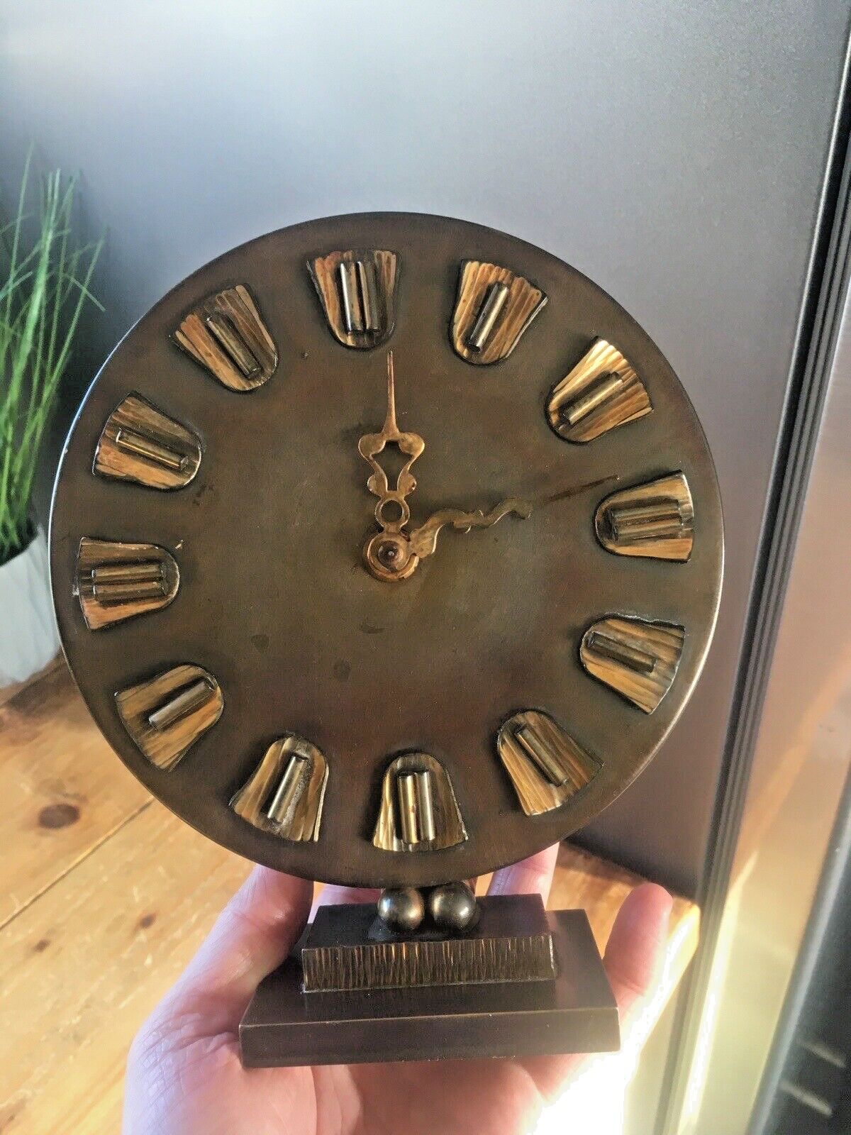 photo for sale Beautiful Brutalist 1950's Bronzed Metal Mantel Clock By Awu   Johannes Bosma