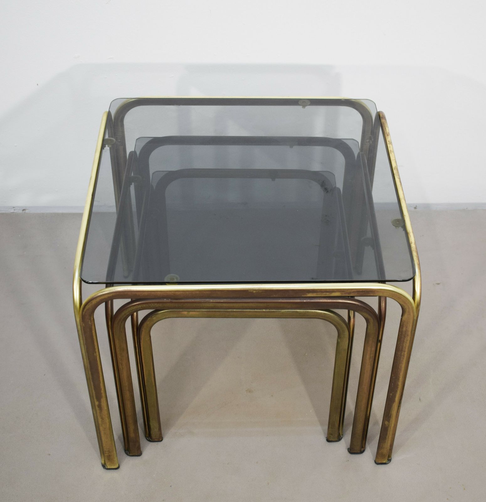 Set Of 3 Stackable Coffee Tables, Brass And Smoked Glass, 1970s. photo 514.77