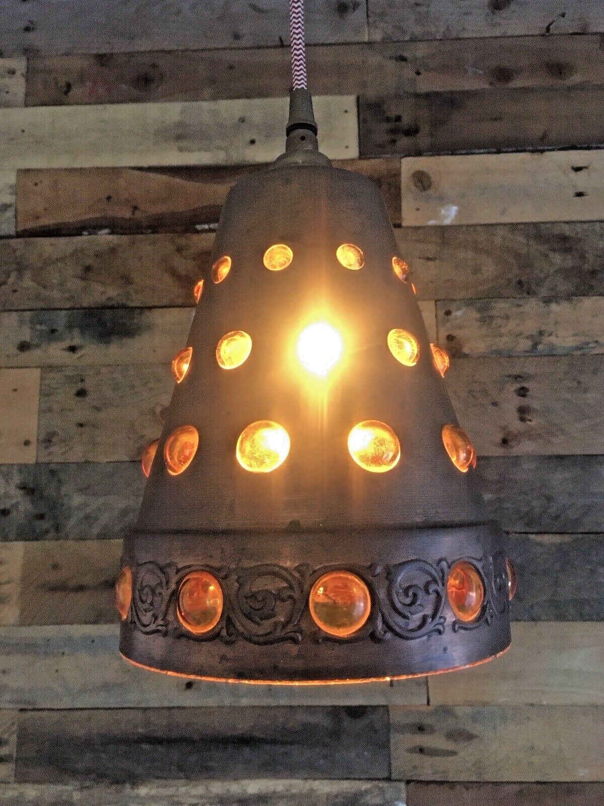 Brutalist Peill & Putzler Caged Copper Amber Glass Ufo Lampshade Ceiling Light photo for sale