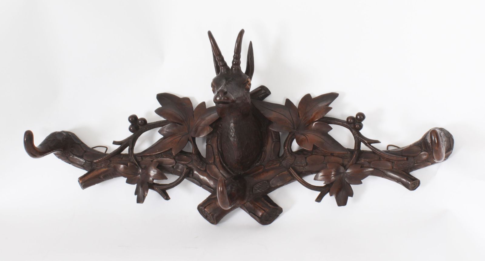 Antique Hand Carved Black Forest Chamois Goat's Head Hat & Coat Rack 19th C photo vinterior