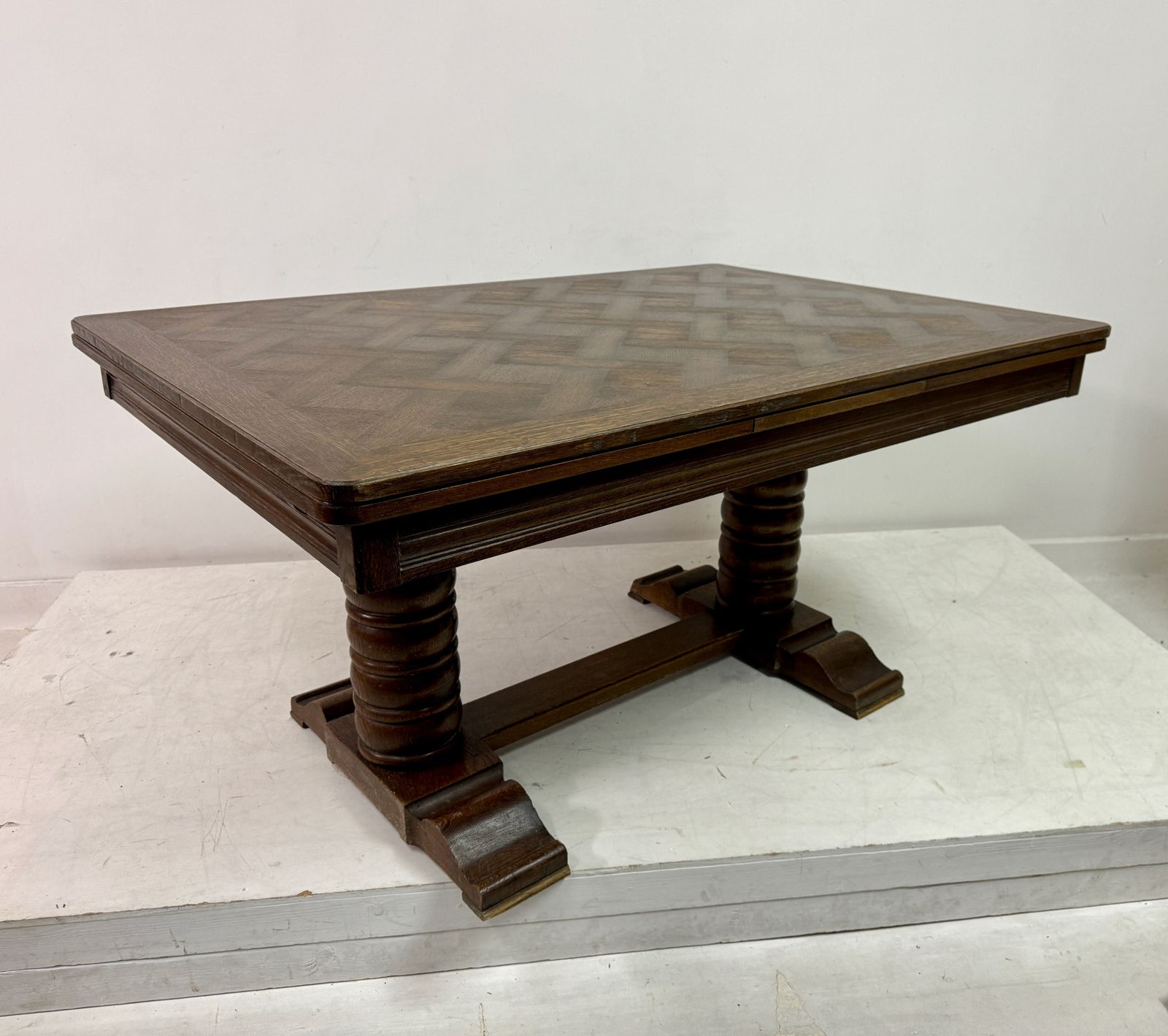 1930s French Oak Extending Dining Table With Turned Bobbin Legs photo vintage