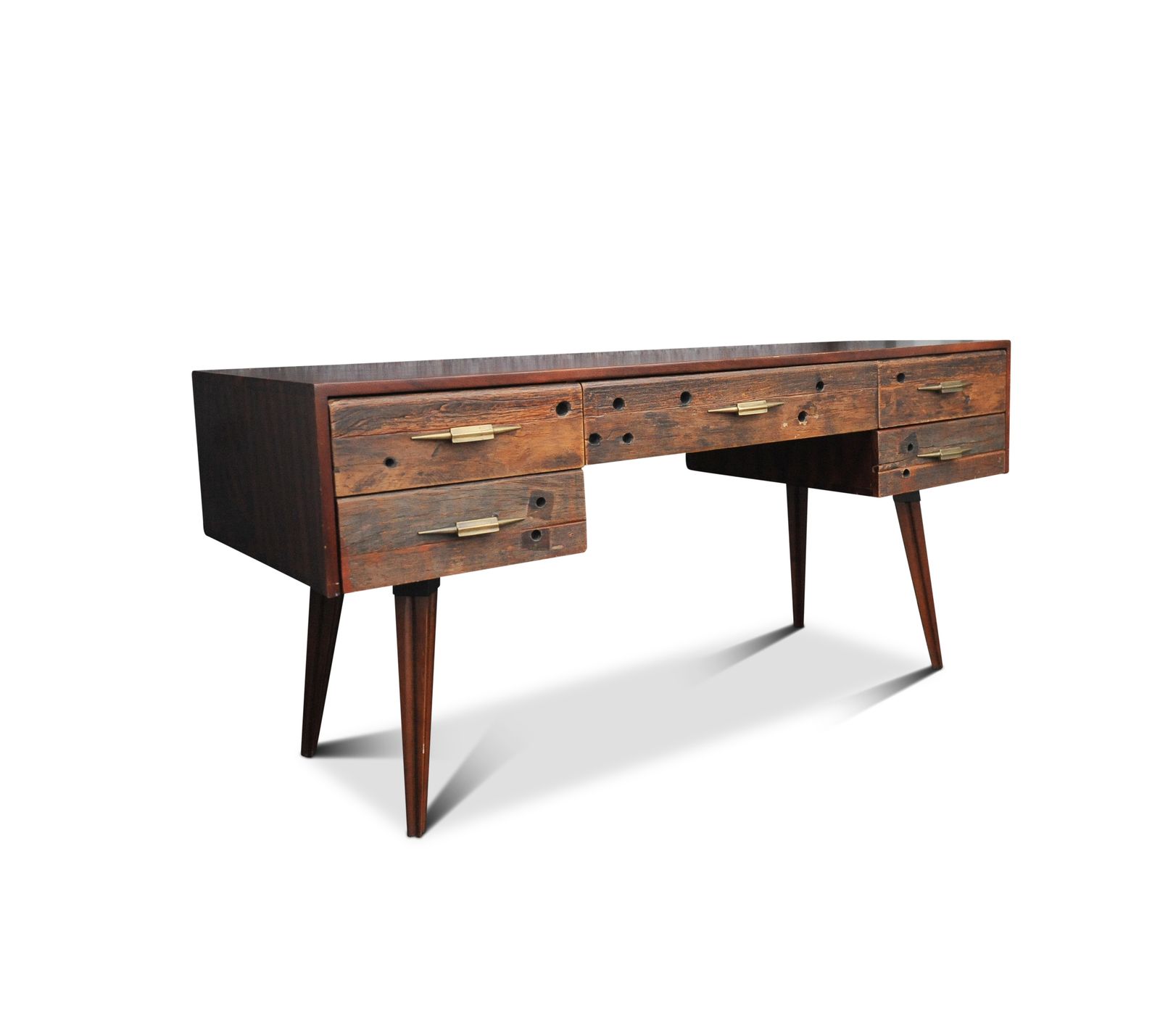 An Impressive Hardwood And Reclaimed Timber Desk Befit With Five Drawers & Gilded Handles Ol photo vinterior