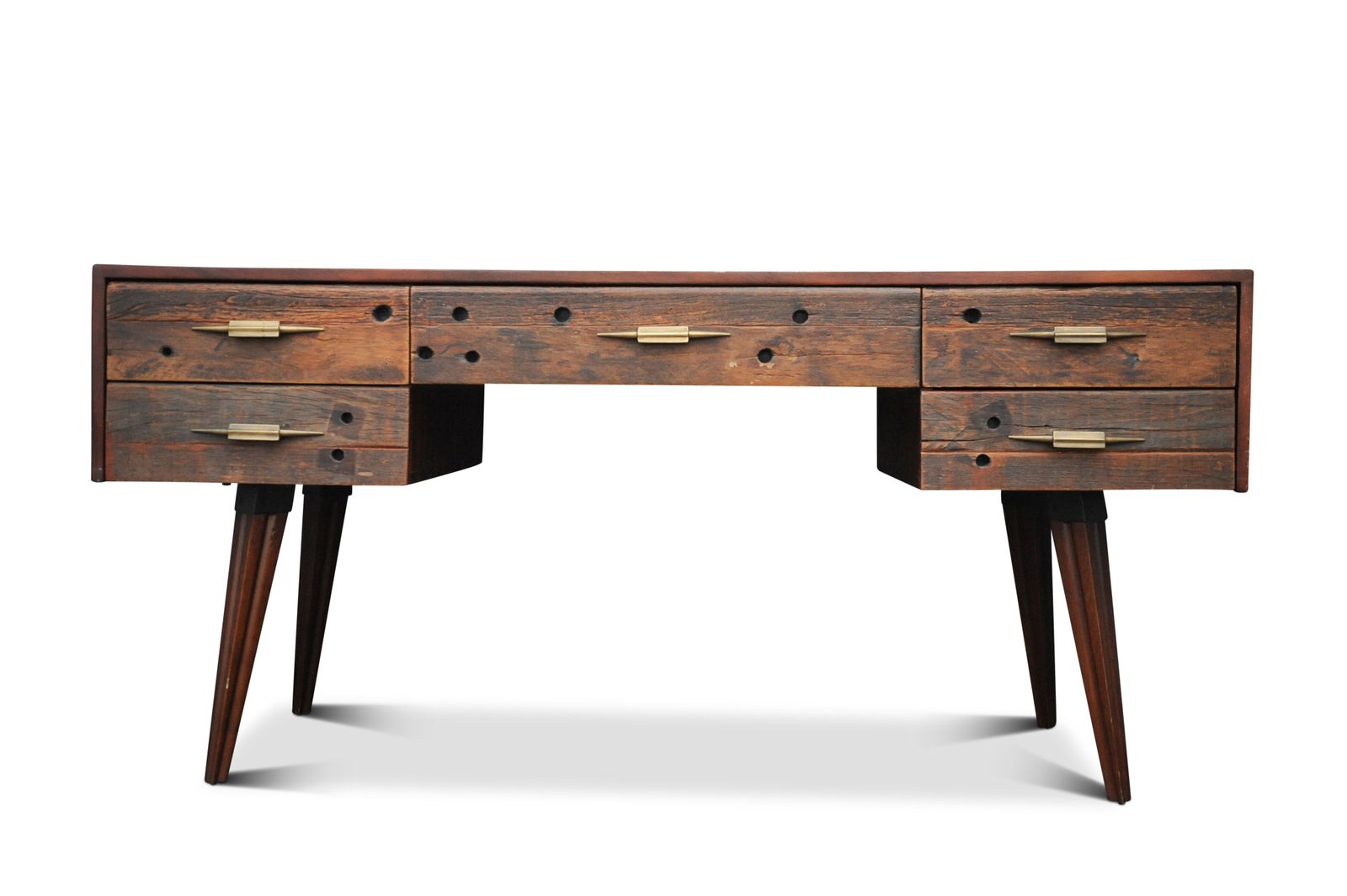 An Impressive Hardwood And Reclaimed Timber Desk Befit With Five Drawers & Gilded Handles Ol photo buy