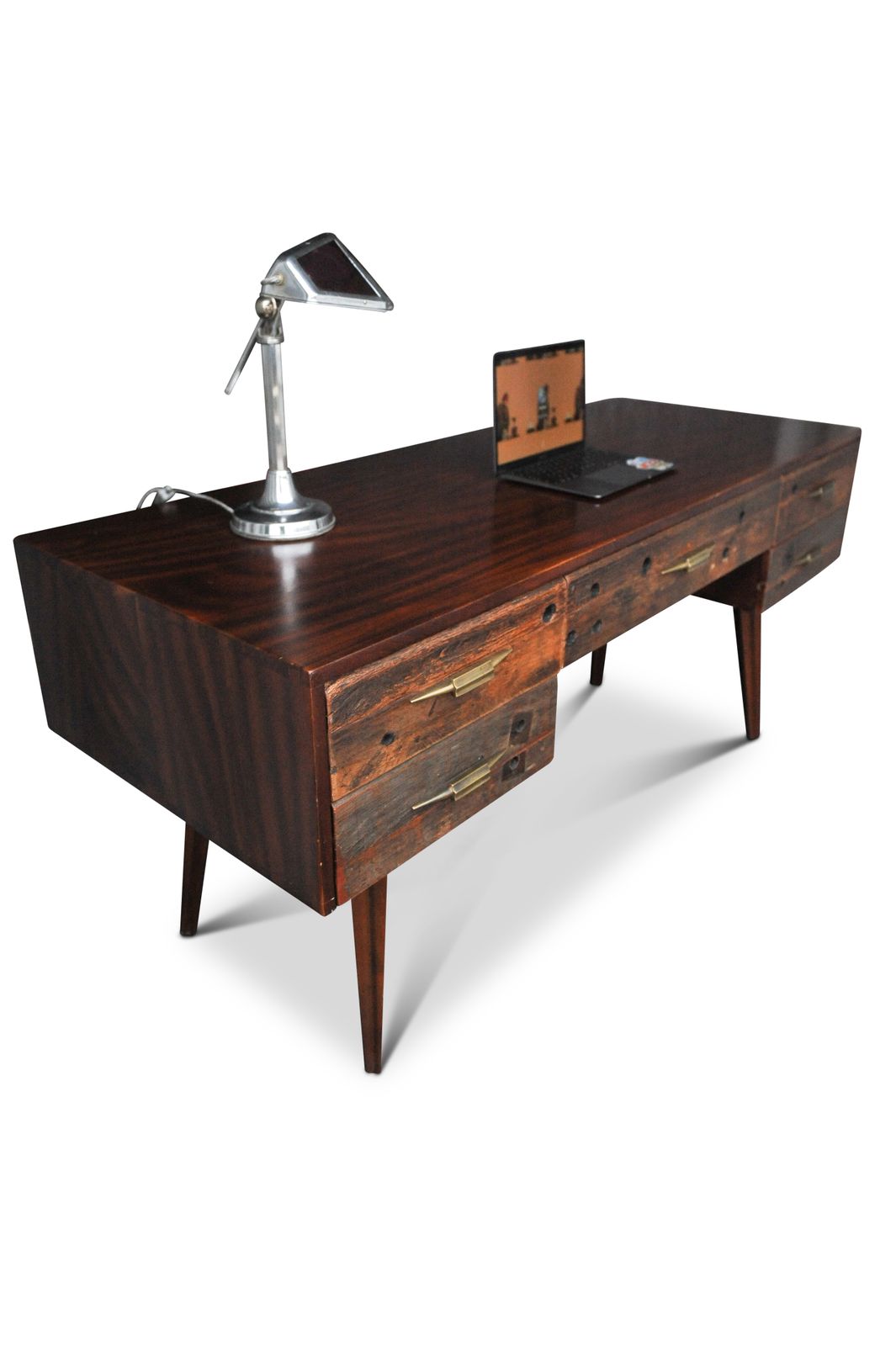 photo for sale An Impressive Hardwood And Reclaimed Timber Desk Befit With Five Drawers & Gilded Handles Ol