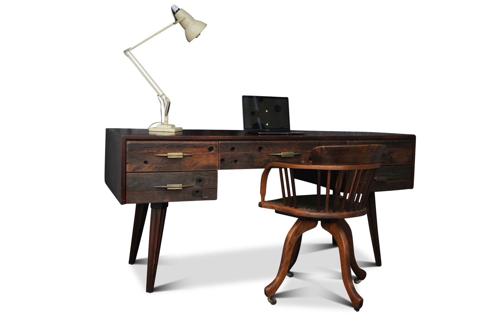 Furniture An Impressive Hardwood And Reclaimed Timber Desk Befit With Five Drawers & Gilded Handles Ol photo