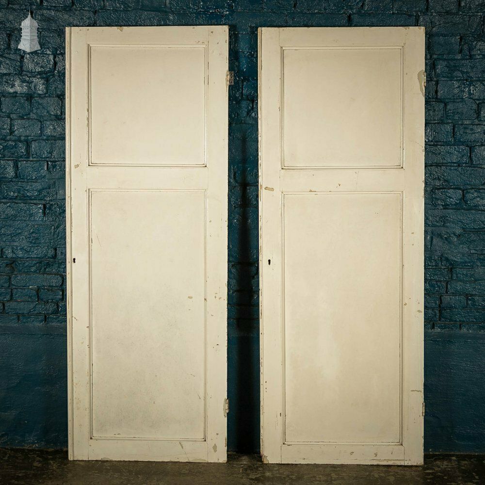 Pine Panelled Doors, Pair Of 19th C 2 Panel White Painted Cupboard Doors