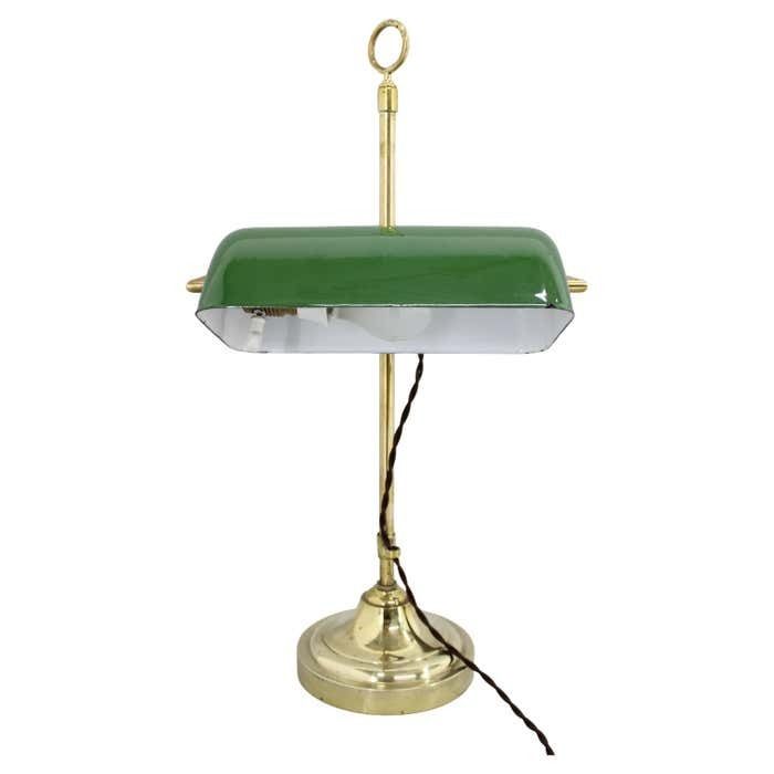 1930s Art Deco Brass Banker Table Lamp, Czechoslovakia