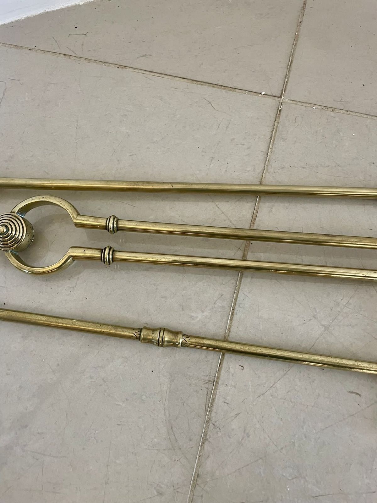Three Antique 19th Century Quality Brass Starburst Fire Irons photo for sale