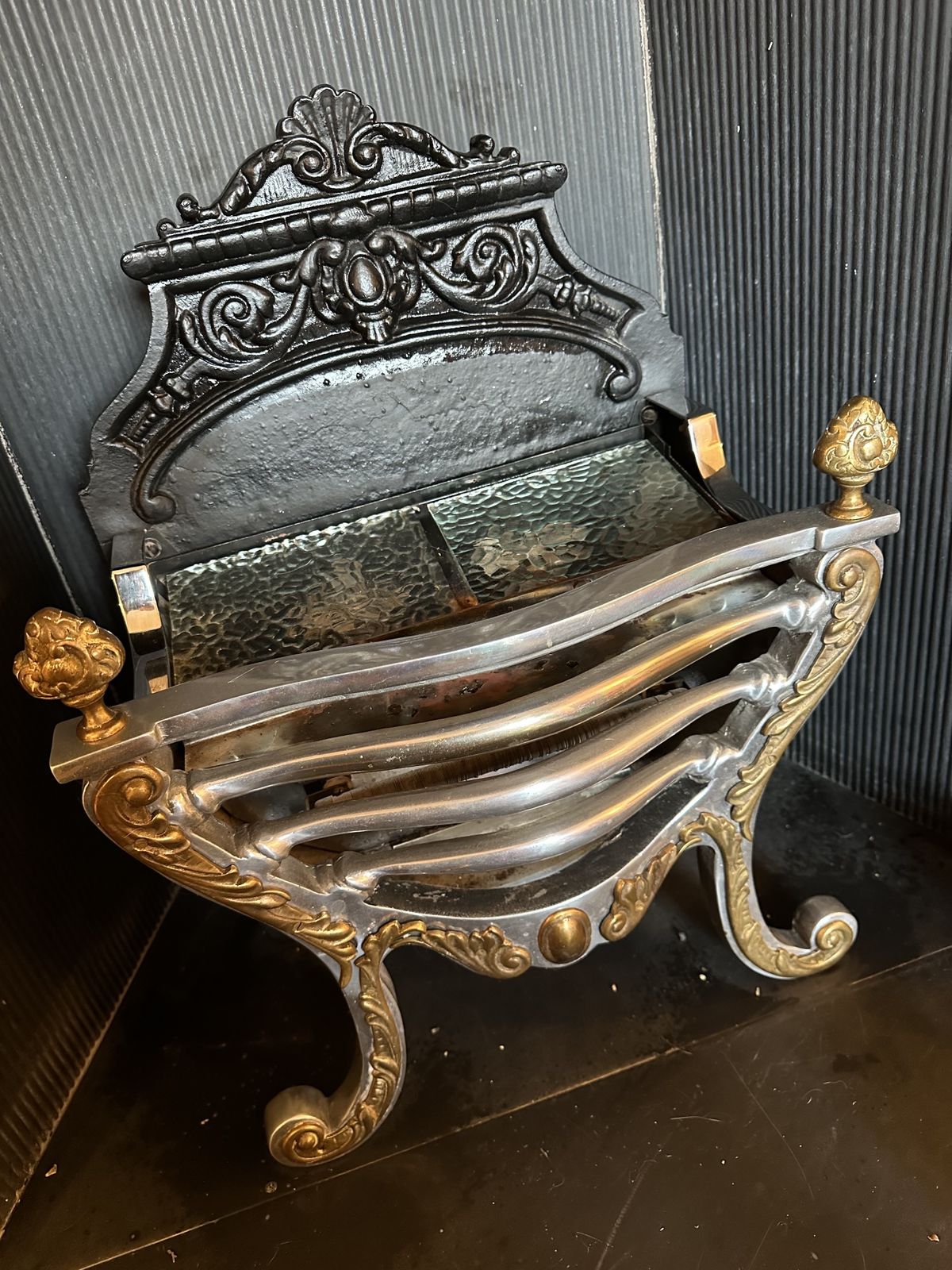 Vintage Cast Iron And Alloy Fire Basket With Brass Finials And Light/Fire Effect