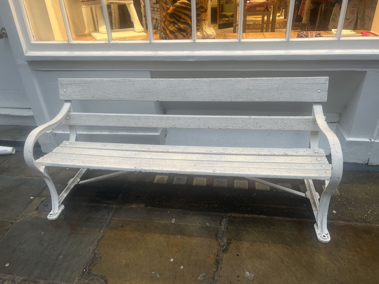 Vintage White Wooden Garden Bench Seat Cast Iron Ends