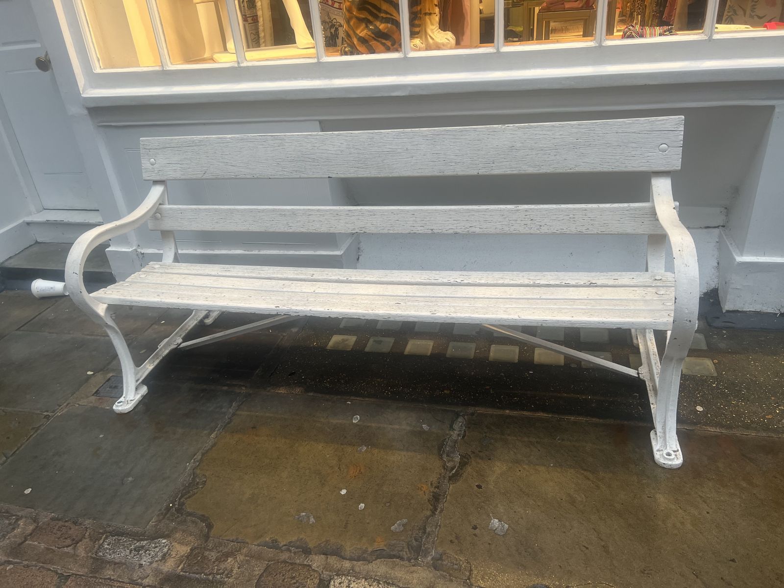 Vintage White Wooden Garden Bench Seat Cast Iron Ends photo vinterior