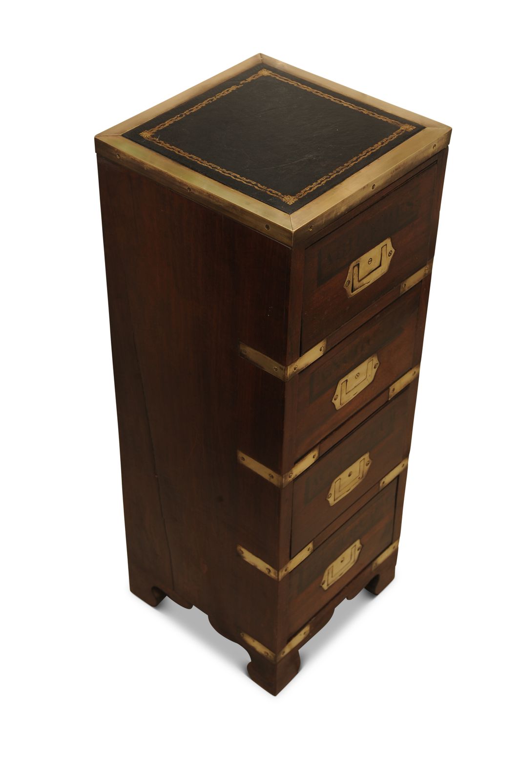 1800's Military Campaign, Four Drawer, Apothecary Brass Bound Chest Finished With Tooled Black Leather Ol photo for sale