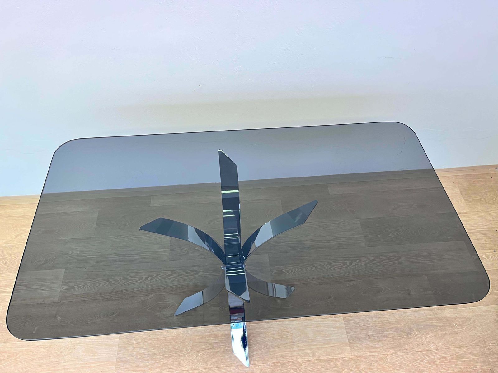 1970s Mid Century Steel Chrome And Smoked Glass Dining Table photo Furniture