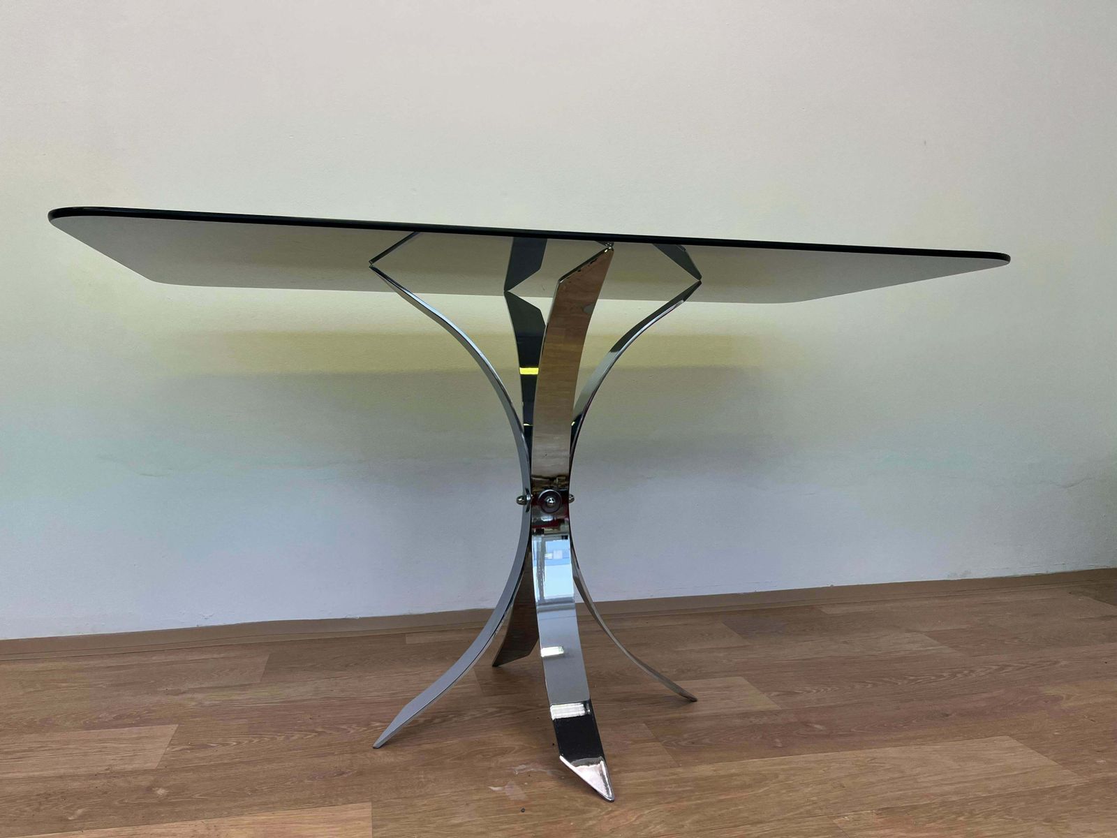1970s Mid Century Steel Chrome And Smoked Glass Dining Table photo buy