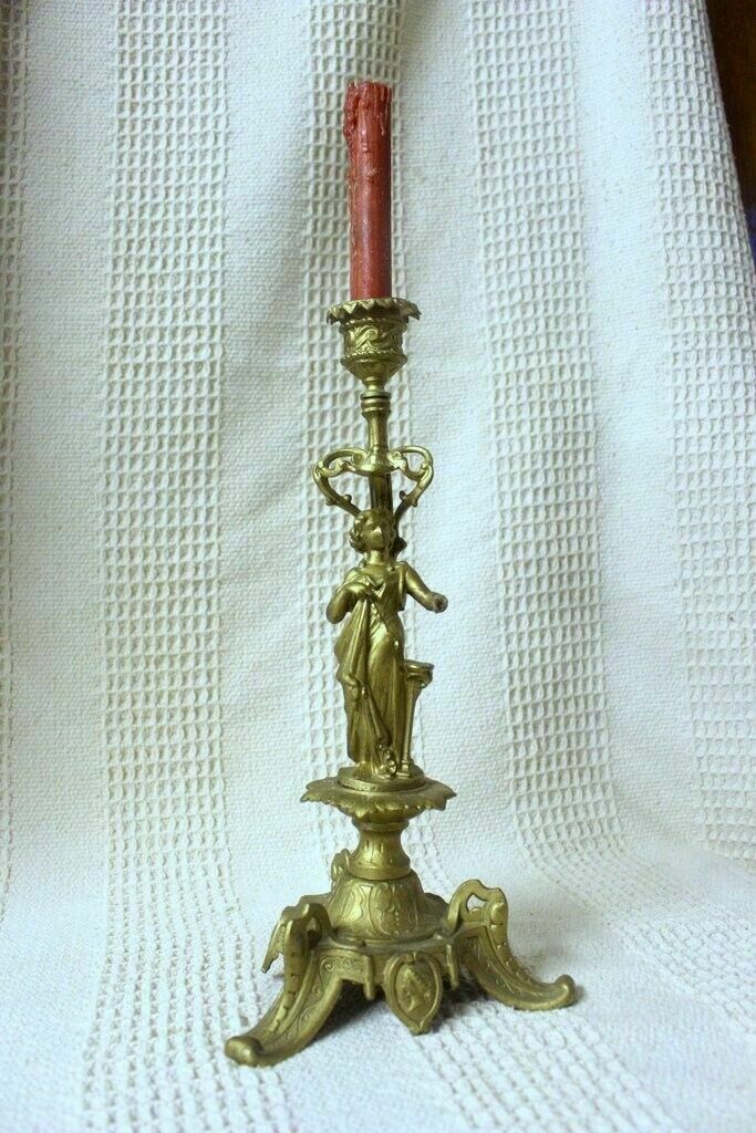 210.0 Antique Old Brass Napoleon III 171 Lsf Lady Figure Candle Holder photo