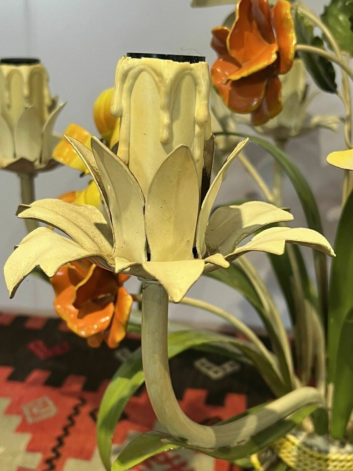 Original Mid Century Italian Toleware Metal Painted Flowers Chandelier photo Lighting